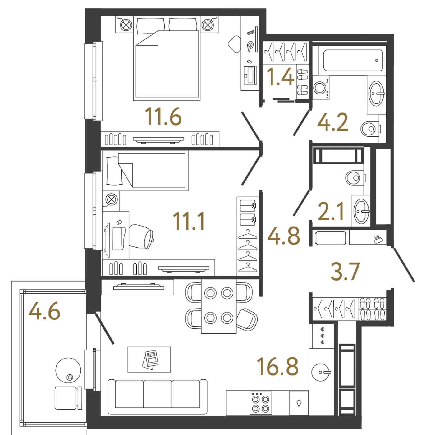 Планировка 2-комнатная 55,7 м² в жилом комплексе «Передвижники» — Жилой комплекс «Передвижники»