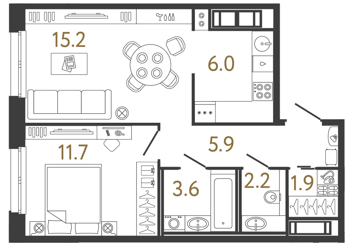 Планировка 1-комнатная 46,5 м² в жилом комплексе «Передвижники» — Жилой комплекс «Передвижники»