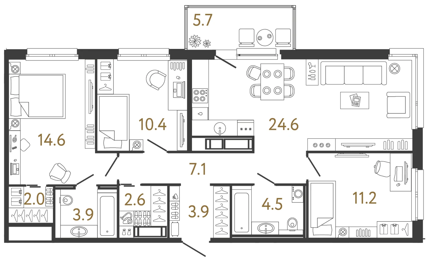 Планировка 3-комнатная 84,8 м² в жилом комплексе «Передвижники» — Жилой комплекс «Передвижники»
