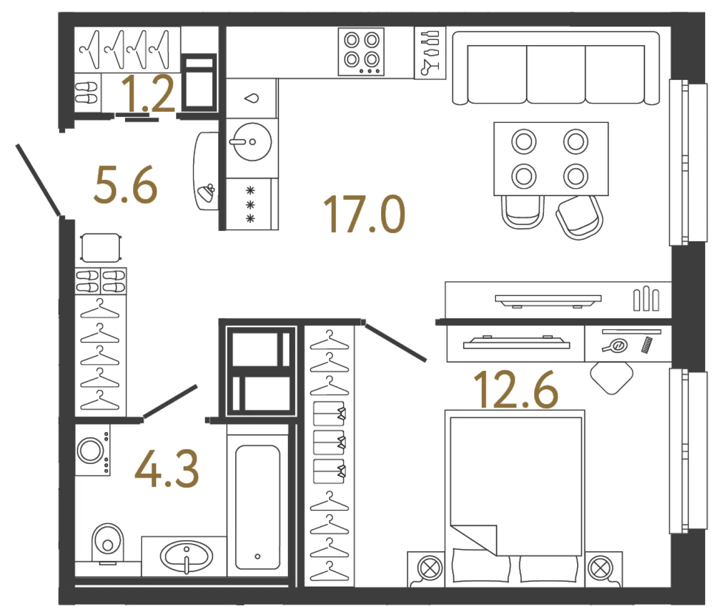 Планировка 1-комнатная 40,7 м² в жилом комплексе «Передвижники» — Жилой комплекс «Передвижники»