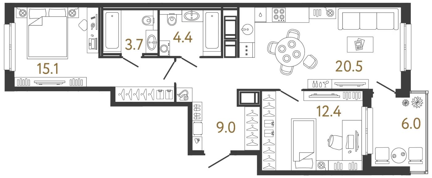 Планировка 2-комнатная 65,1 м² в жилом комплексе «Передвижники» — Жилой комплекс «Передвижники»