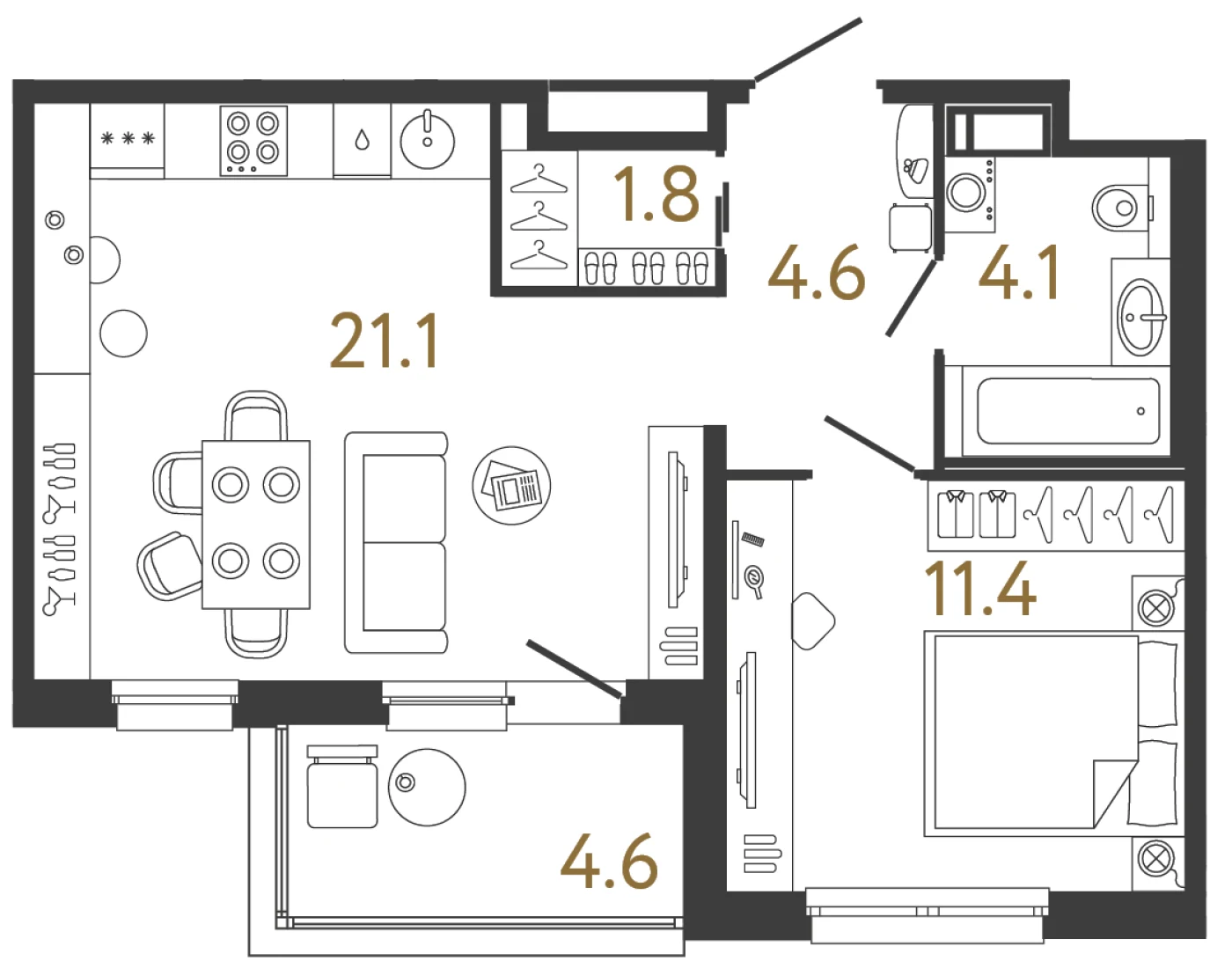 Планировка 1-комнатная 43 м² в жилом комплексе «Передвижники» — Жилой комплекс «Передвижники»